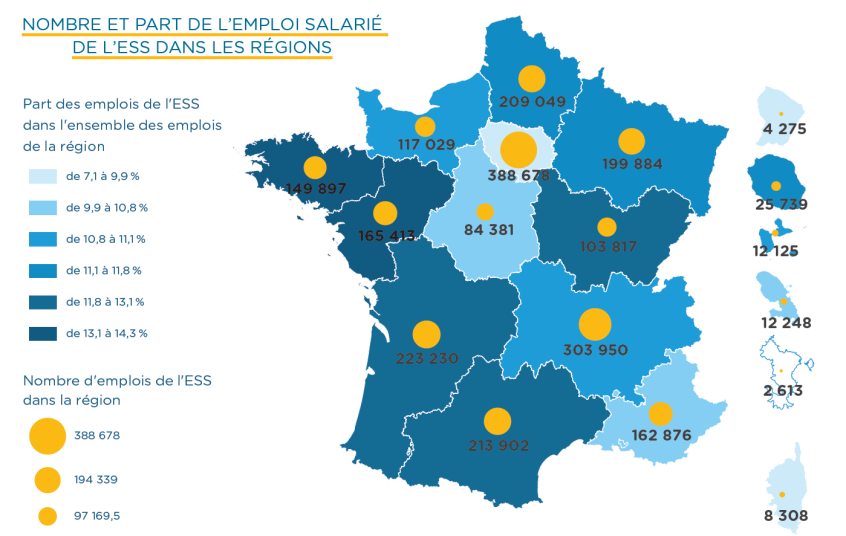 Nombre et part de l’emploi salarié de l’ESS dans les régions en 2015 par ESS France