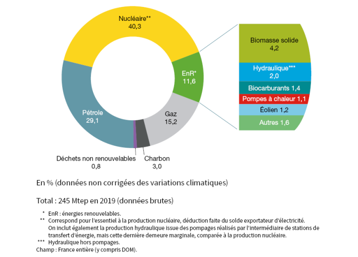 Répartition de la consommation d'énergie primaire en France (en %) 